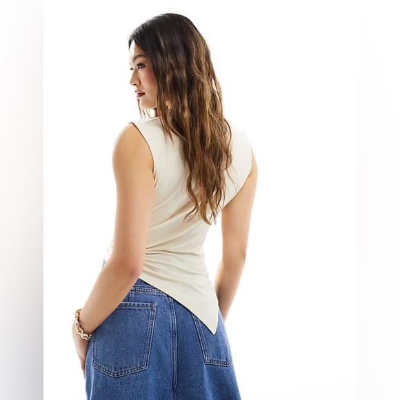 ASOS DESIGN high neck gathered top with asymmetric hem in stone - Picture 2 of 2